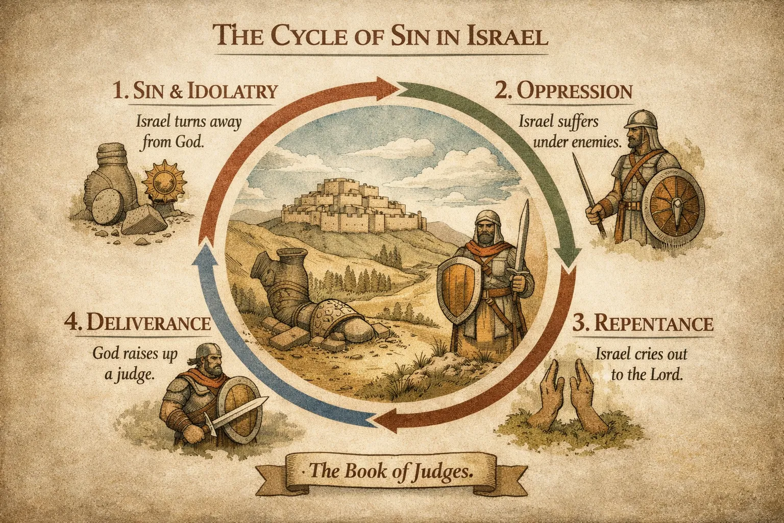 Cycle of sin Israel: Sin -> Oppression -> Repentance -> Deliverance -> Repeat